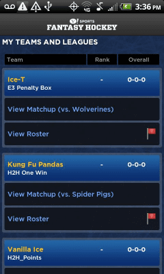 Screenshot of the application Yahoo! Fantasy Hockey 2012 - #1