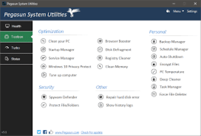 Screenshot of the application Pegasun System Utilities - #1