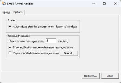 Screenshot of the application Email Arrival Notifier - #2