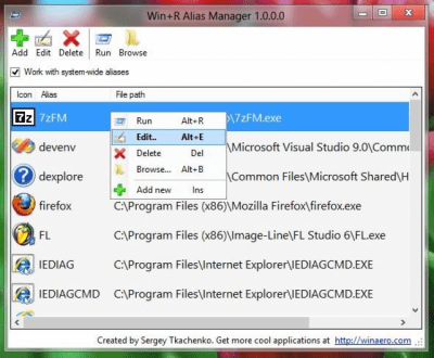 Screenshot of the application Win+R Alias Manager - #1