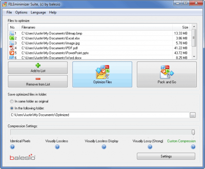 Screenshot of the application FILEminimizer Suite - #1