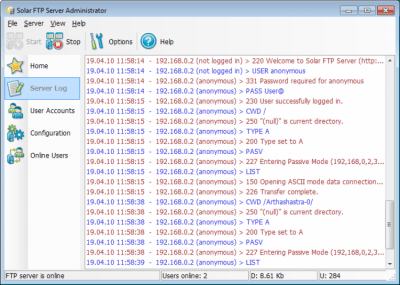 Screenshot of the application Solar FTP Server - #1