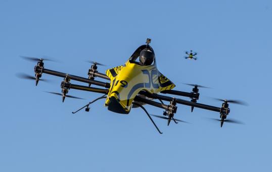 A manned drone performs incredible stunts